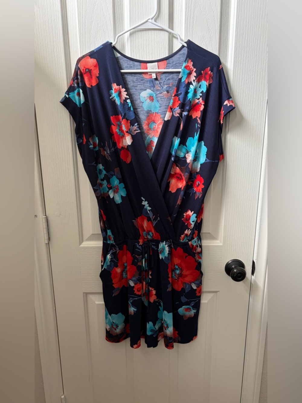 Kaileigh Navy Romper with Red and Teal Floral Accents